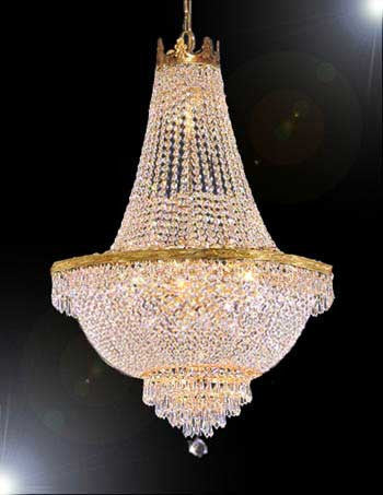 A93-870/9100% CRYSTAL CHANDELIER, this 24K Gold plated Empire chandelier is characteristic of the grand chandeliers which decorated the finest Chateaux and Palaces across Europe and reflects a time o