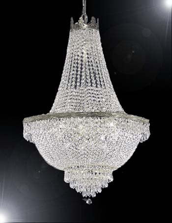 A93-C6/870/9100% CRYSTAL CHANDELIER, this silver plated Empire chandelier is characteristic of the grand chandeliers which decorated the finest Chateaux and Palaces across Europe and reflects a t